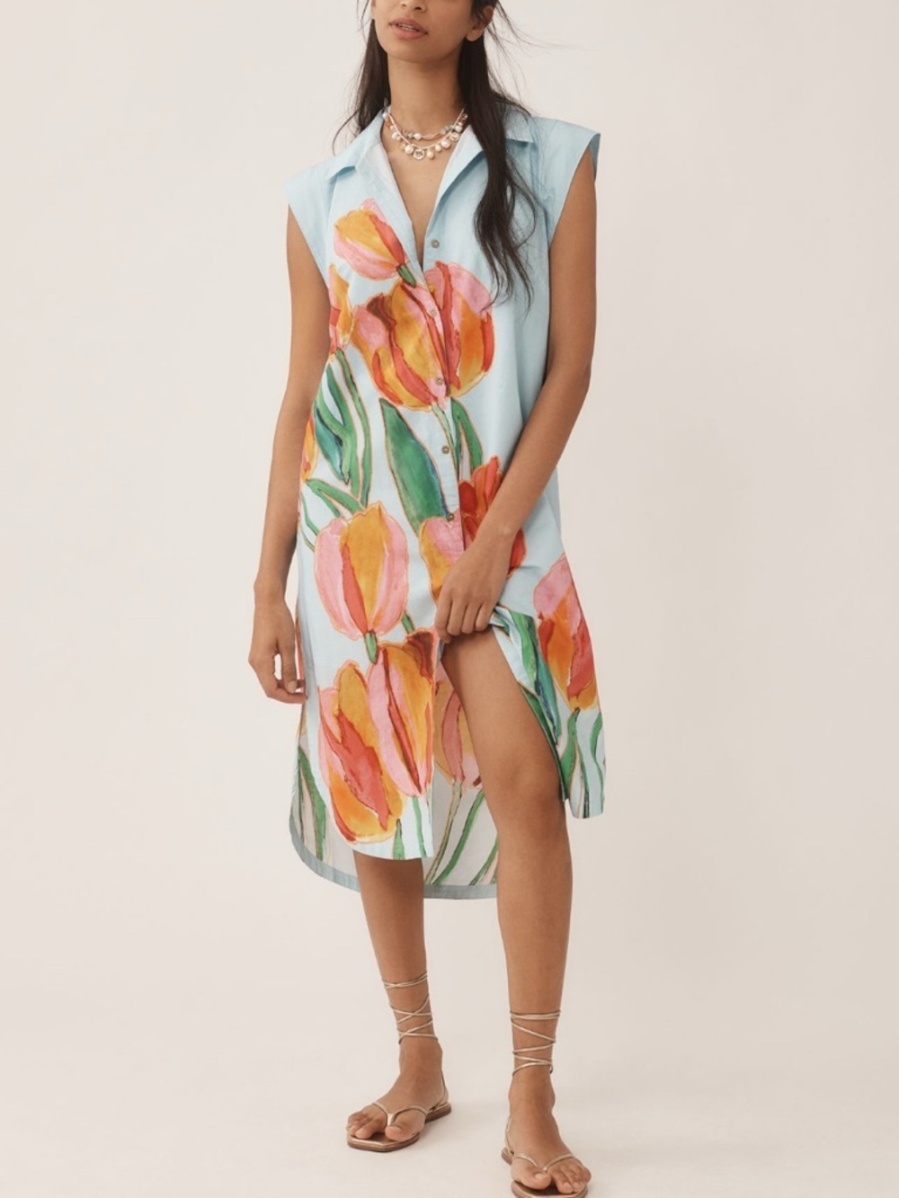 Anthropologie Maeve Lillian Button Front Blue Floral Midi Dress Size Small New
